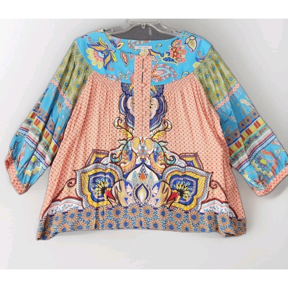 NWT John Mark Women XLP Tunic Top Boho Art To Wear Colorful Festival Cottagecore